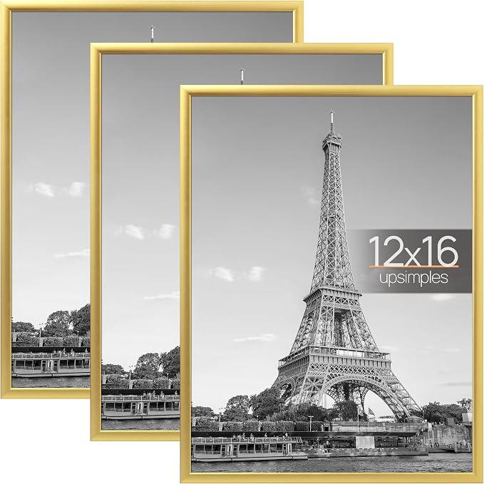 upsimples 12x16 Poster Frame, Easy Slide-In Assembly, Gold, 3 Pack | Gallery Wall 12 x 16 Picture Frames Set for Family, Wedding, Christmas, Easy to Change Photos