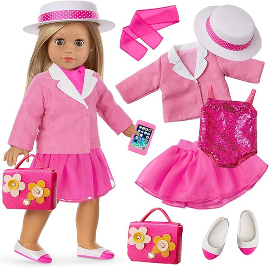 18 Inch Doll Clothes 8-Piece Stylish Pink Outfit Accessories Sets for American 18 Inch Dolls Outfits Trendy Clothes Red Flower Handbag Stuff Accessories for Dress-Up Play (Doll NOT Included)