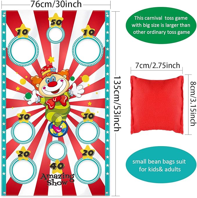 Blulu Carnival Toss Game Banner with 3 Bean Bags Carnival Game for Kids and Adults in Indoor Outdoor Activities Circus Theme Birthday Party Decoration Supply Set
