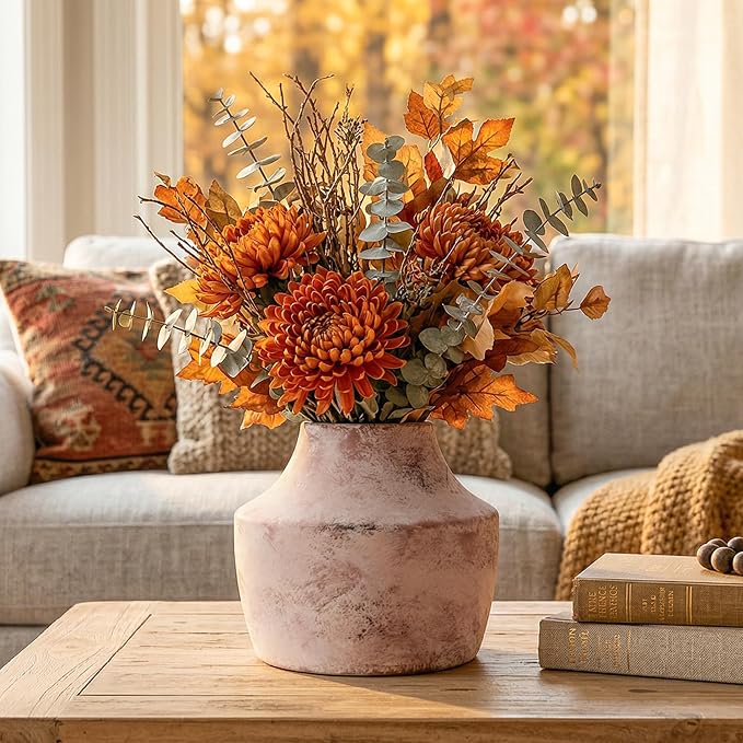 Ceramic Flower Vase, 5.3 Inch Rustic Vase for Flowers, Small Terracotta Pottery Vase for Home Decor, Farmhouse Decorative Vase for Living Room Kitchen Table Shelf Bedroom Decor