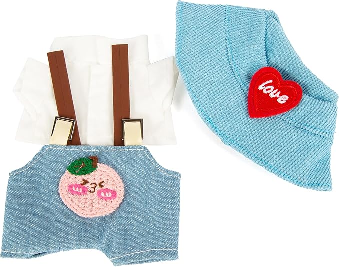 3-Piece Doll Clothes for Labubu & 17cm Dolls – Stylish Fisherman Hat Set, Kawaii Doll Outfits with Accessories for Collectors or Display - Blue Peach (No Dolls)