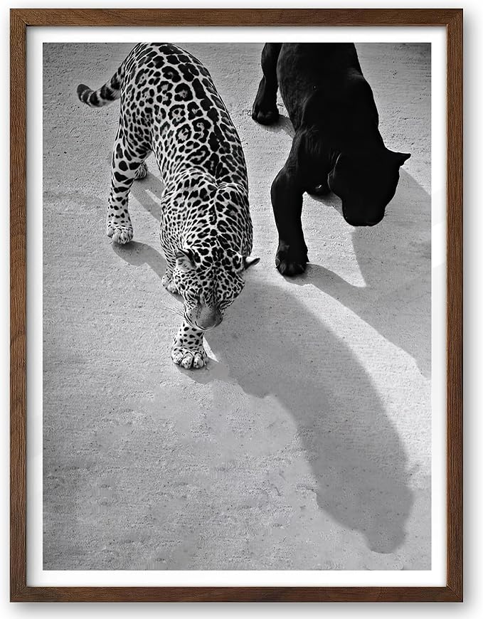 EcoHest 12x16 in Cheetah and Jaguar Walking Framed Wall Art | Walnut Color Solid Oak Frame, Canvas Wall Art, Black White Animal Wall Decor for Living Room, Bedroom, Apartment, Dorm, 1Pack