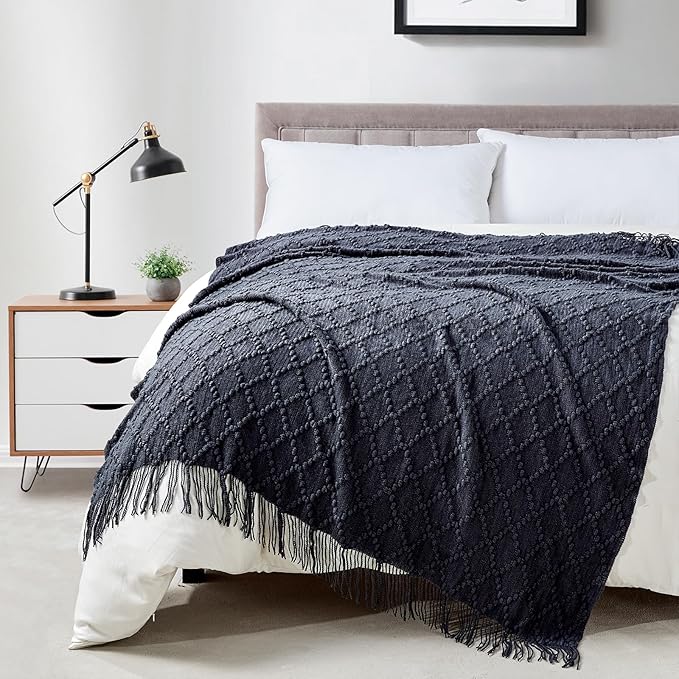 BOURINA Navy Throw Blanket 50 x70 Inch Jacquard Throw Knitted Blanket | Jacquard Argyle Throw Textured Solid Soft Throws and Blankets for Sofa or Bed Knitted Decorative Blanket