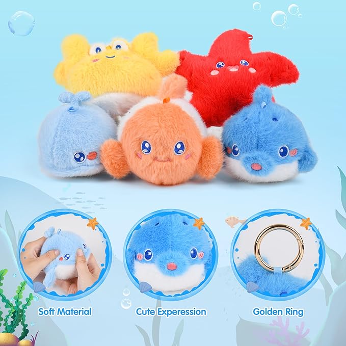 BB FUN HOUSE Ocean Plush Toy Set 5 Packs Soft Easter Sea Stuffed Animals Small Fish, Cuttlefish, Dolphins, Crabs, Starfish Plush Keychain for Party Favor Carnival Prizes Birthday Gifts Goodie Bag