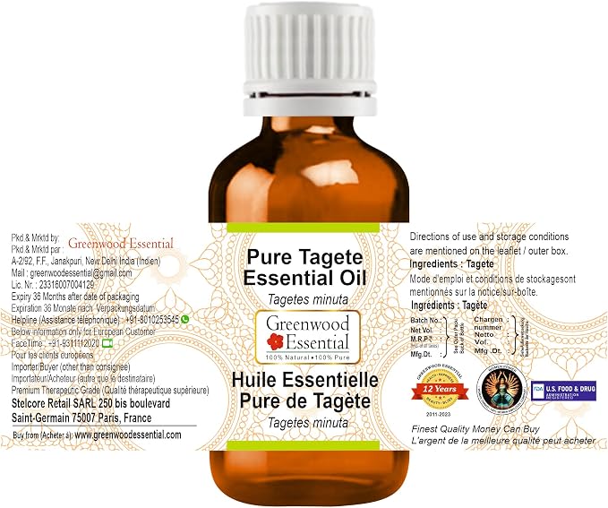 Greenwood Essential Pure Tagete Essential Oil (Tagetes minuta) Steam Distilled (Pack of Two) 100ml X 2 (6.76 oz)