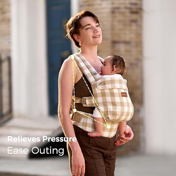 Momcozy Baby Carrier - Ergonomic, Cozy and Lightweight Carrier for 7-45lbs, Effortless to Put On, Ideal for Hands-Free Parenting, Enhanced Lumbar Support, Brown Checkerboard