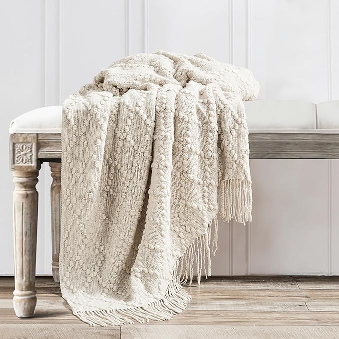 BOURINA Beige Throw Blanket 50 x70 Inch Jacquard Throw Knitted Blanket | Jacquard Argyle Throw Textured Solid Soft Throws and Blankets for Sofa or Bed Knitted Decorative Blanket