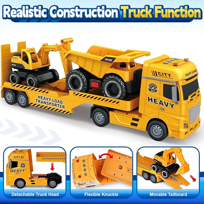SpringFlower 3 4 5 6 Toddler Boy Toys, 25" Construction Carrier Toy with Excavator and Dump Truck,3 in 1 Truck, Christmas Birthday Gifts for Kids 3 4 5 6 Years Old