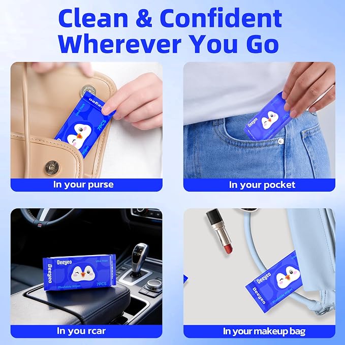 Deeyeo On-the-Go Flushable Butt Wipes, 336 Count (48 Packs of 7) | 99% EDI Purified Water Wipes for Sensitive Skin, Septic and Sewer Safe,Travel Essentials for Adults & Kids