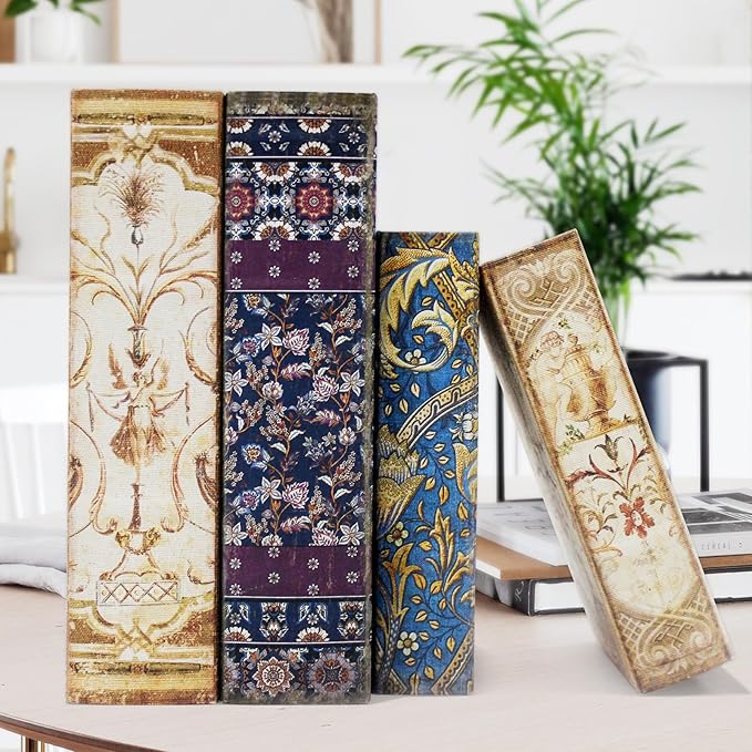 Decorative Book Boxes Set of 2 Magnetic Lock Faux Wooden Storage Book Box | Coffee Table Books Decor Retro Style Fabric Cover,Hidden Storage Secret Keepsake,Jewelry Trinket,Cash