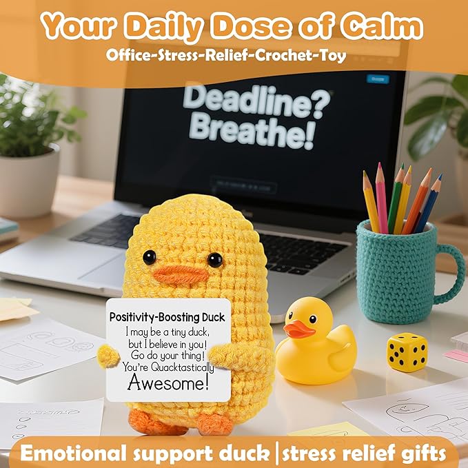 Positive Affirmation Companion Crochet Duck, Inspirational Crochet Animals Stress Anxiety Relief Toys, Handmade Mental Health Gifts for Women Men, Cute Desk Decor for Friends Coworkers Birthday
