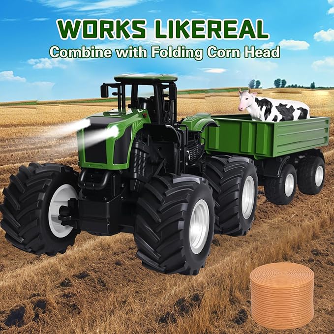 Remote Control Tractor Toy with RC Trailer -23.6 Inches 1/16 Scale RC Monster Truck- 2.4GHz Toddlers Farm Vehicle Toys Set for Boys Girls Kids Ages 3-8 Year Old Birthday Gift