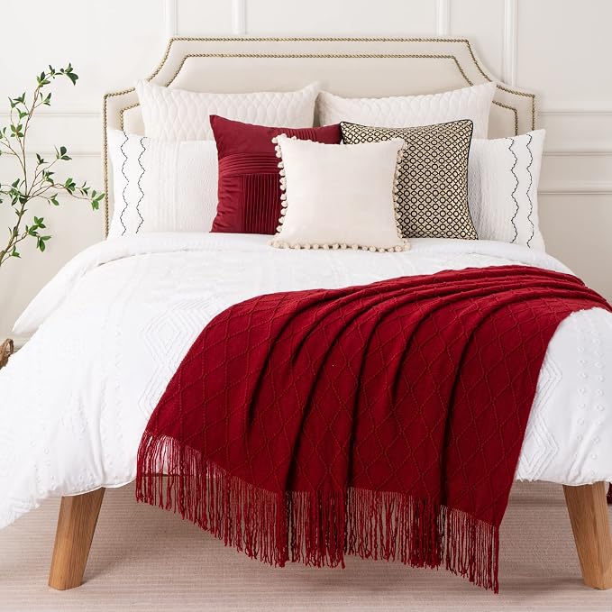 BATTILO HOME Red Throw Blanket Large Fringe Fall Throw Knitted Bed Throws for Couch Sofa Indoor Outdoor, Red, 52 x 80 in.