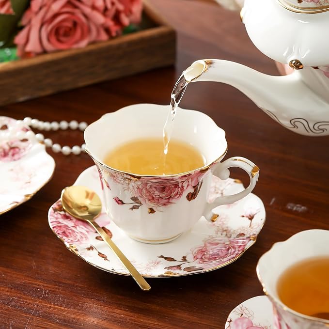 TATSUMI Country Roses Porcelain Tea Set, European Ceramic tea set for adults,Vintage Style, For Women and Tea Parties (Chocolate Red, 21 Pieces Set)