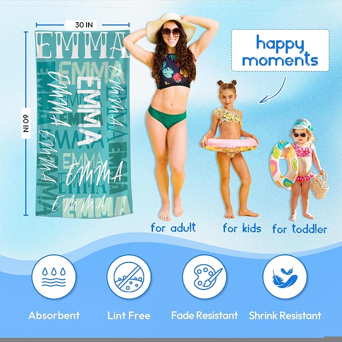 JML Personalized Beach Towel with Name, Custom Beach Towel with Name, Customized Microfiber Pool Towel, Quick Dry & Absorbent Swim Towel for Adult,Anniversary, Birthday, Summer Holiday,Vacation