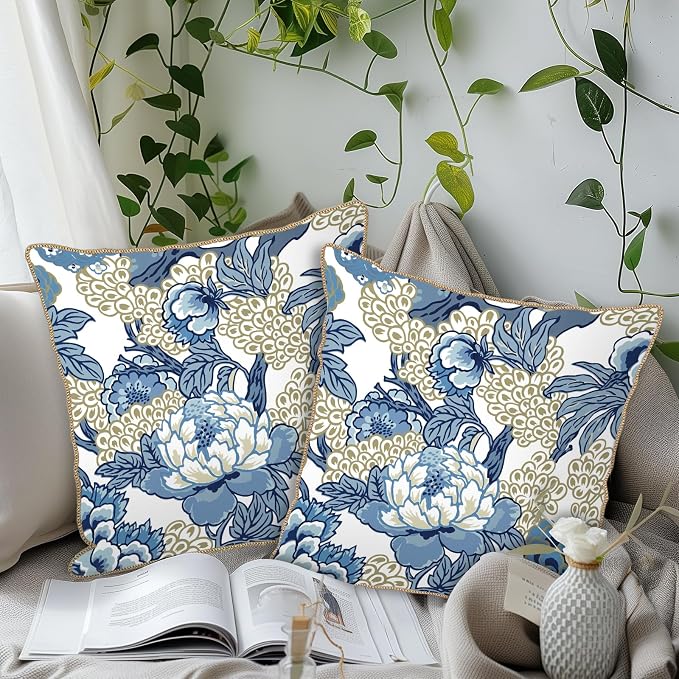 KSLIDS Vintage Floral Soft Velvet Throw Pillow Covers Set of 2 Blue Beige Floral Decorative Pillow Covers 20x20 Inch Chinoiserie Retro Pillow Case for Sofa Couch Bedroom Farmhouse Home Decor