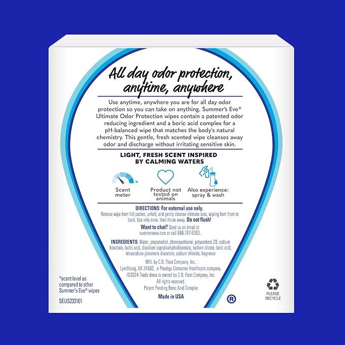 Summer's Eve Ultimate Odor Protection Daily Feminine Wipes, Gentle pH-Balanced Formula with Boric Acid Cleanses & Removes Vaginal Odor, Individually Wrapped Body Wipes, 12 Count