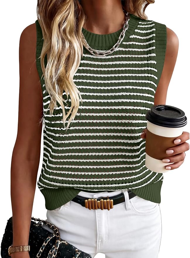 ANRABESS Womens Sleeveless Sweater Vest Striped Tank Tops | Crochet Knit Crew Neck, Lightweight Soft Comfy, Vacation Travel Work Casual Outfits, Sping Summer Layering Clothes