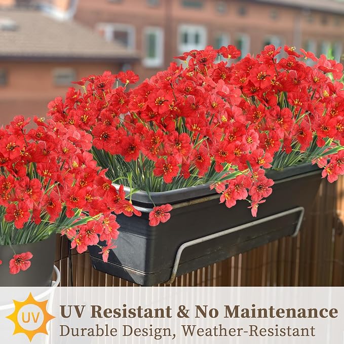 ColoPlay 24 Bundles Red Artificial Flowers for Outdoors, Fake Flowers | Fake Plants Outdoors, UV Resistant Faux Flowers for Indoor Outside Garden Porch Window Box Home Wedding Farmhouse