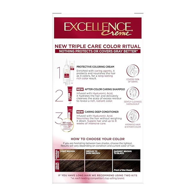 L'Oreal Paris Excellence Crème Permanent Hair Dye, Triple Care Hair Color with Hyaluronic Acid for 100% Gray Coverage, 4A Dark Ash Brown, 1 Kit (Packaging May Vary)
