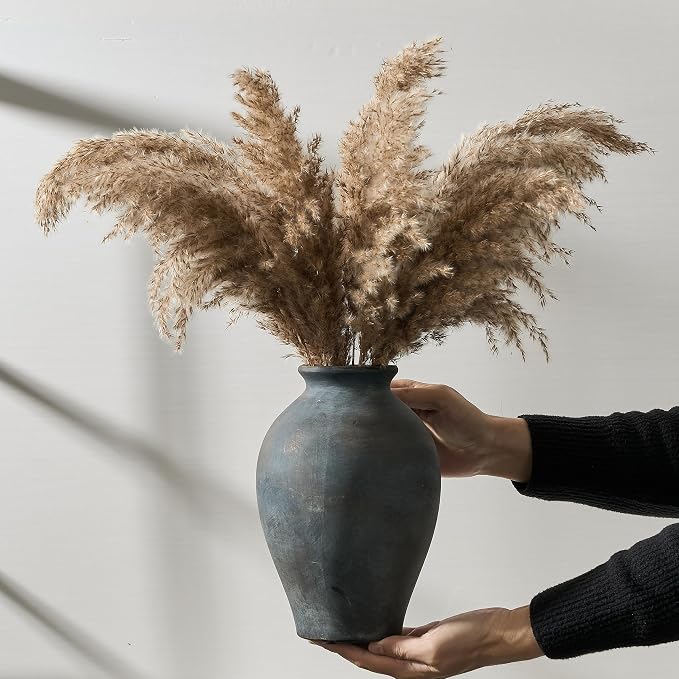 SIDUCAL Ceramic Vintage Flower Vase | 9 Inch Large Pottery Rustic Farmhouse Boho Vase for Home Decor, Table, Living Room, Bathroom, Coffee Desk, Shelf, Mantel Decoration, Wedding, Bronze