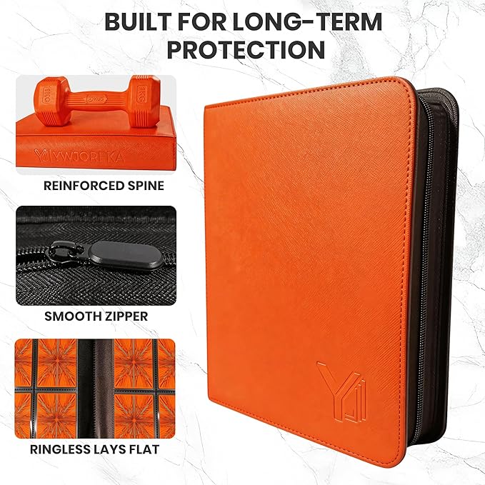 Toploader Binder 4 Pocket, Holds 128 Toploaders, Double-Sided Card Storage Binder for 3" x 4" Rigid Cards, PU Leather Album for Trading Cards & Sports Cards(orange)