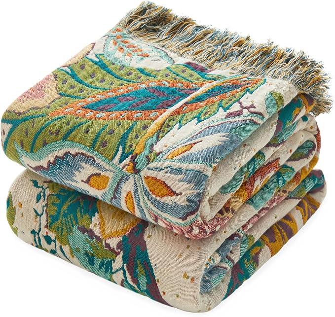 MSGKV Boho Throw Blanket 60"x80" 100% Cotton Blanket for Couch Bed Decor | 100% Cotton Throw, Muslin Blanket, Summer Breathable, Lightweight Comfort, Farmhouse Home Decor, Machine Washable