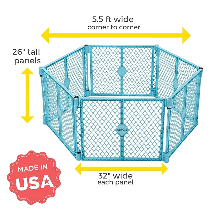 Toddleroo by North States - Superyard Baby Play Yard: Freestanding 6 Panel Baby Playpen - Indoor or Outdoor Use - Made in USA - Encloses Up to 18.5 Square Feet - 26 Inches Tall - Aqua