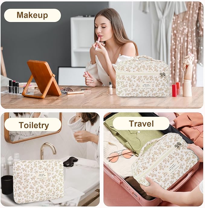 GISMTR 3Pcs Makeup Bag Cotton Quilted Travel Cosmetic Bag Cute Floral Makeup Pouch Large Toiletry Bag for Women Girls