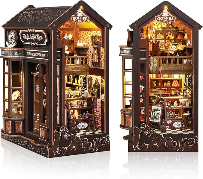 Foyucool DIY Book Nook Kit, Miniature Dollhouse Bookshelf Insert with Light, Laser-Cut Wooden Craft Set for Adults, Perfect for Teens and Adults, Coffee Shop
