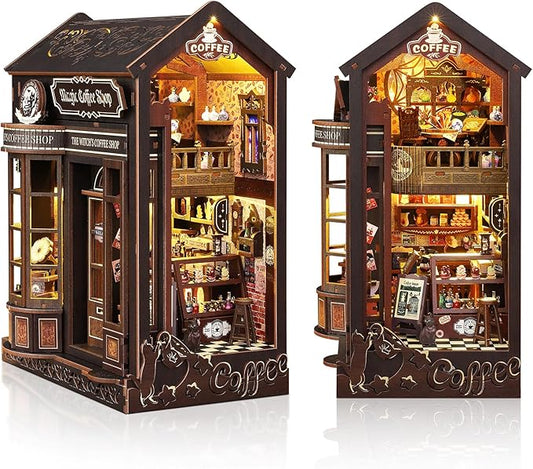 Foyucool DIY Book Nook Kit, Miniature Dollhouse Bookshelf Insert with Light, Laser-Cut Wooden Craft Set for Adults, Perfect for Teens and Adults, Coffee Shop