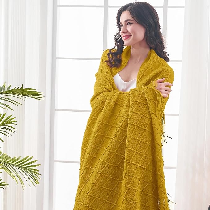 inhand Golden Palm Knitted Throw Blanket for Couch and Bed, 50"x60" | Soft Living Room Home Decor Knitted Blanket, Tassel, Outdoor Lightweight Breathable , Farmhouse Warm Woven Decorative