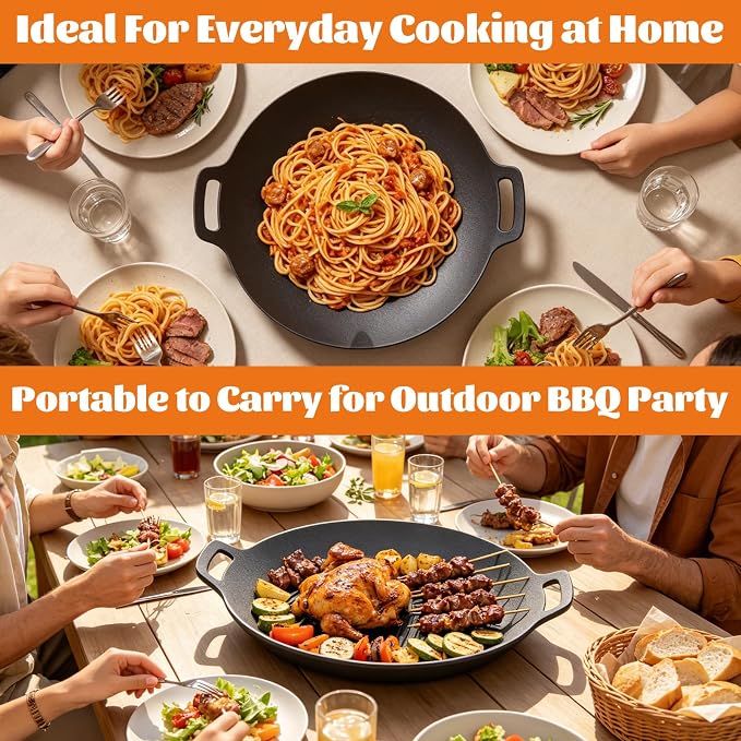 Korean Grill Pan, 13 Inch Korean BBQ Grill Pan for Indoor Cooking and Outdoor Camping, Round Grill Pan with Storage Bag, Tongs and Oil Brush for Stovetop, Grill, Meat and Vegetables