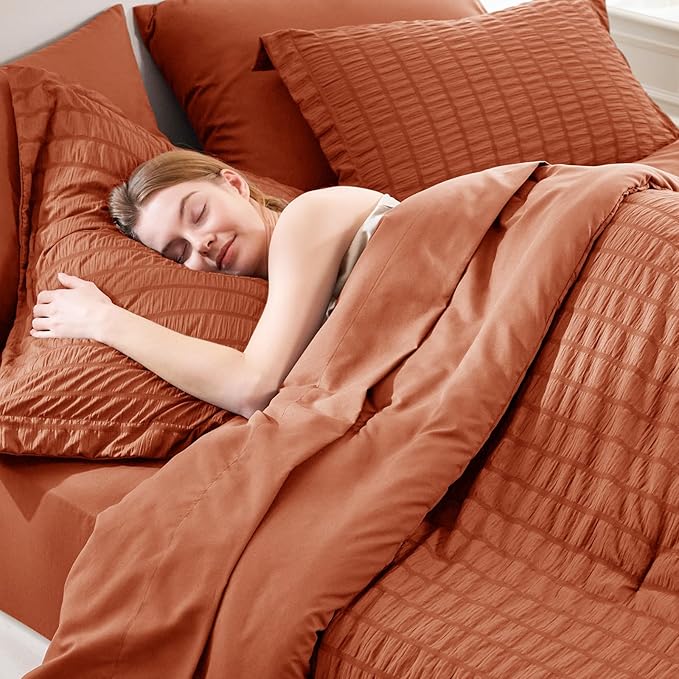 CozyLux King Size Comforter Set Burnt Orange Seersucker 7 Pieces Bed in a Bag King Comforter Set with Sheets, Terracotta Luxury Bedding Set with Down Alternative Comforter, Sheets, Pillowcases & Shams