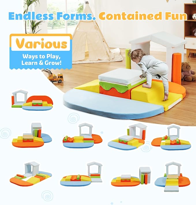 Elftopia 10-Piece Foam Climbing Blocks with Ramp & Stairs for Toddlers,Soft Play Gym Set,Foam Toddler Climbing Toys for Indoor Crawling,Sliding & Creative Play-Dynamic Color
