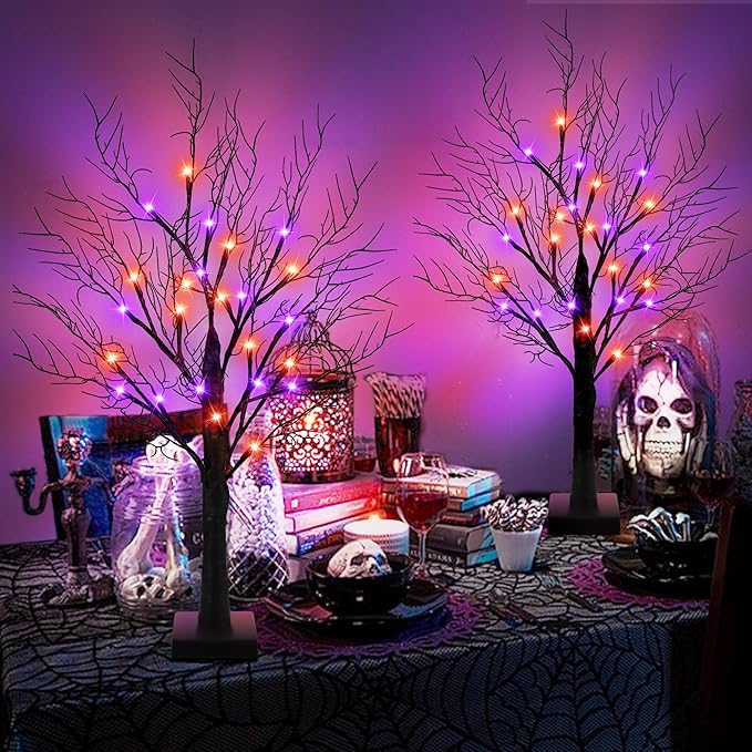 [Timer] 2 Pack Halloween Decorations Indoor, 24 Inch Halloween Tree with 24 Orange & Purple Lights, USB & Battery Operated Black Spooky Tree Halloween Table Decorations Indoor Home Party Decor Room