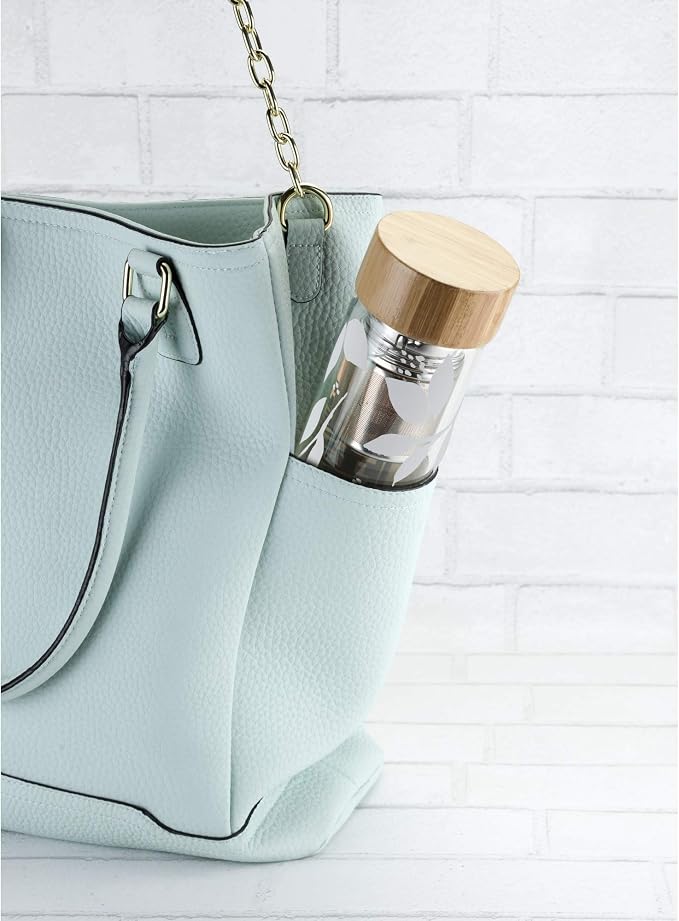 Pinky Up Blair Travel Tea Infuser Mug, Double Walled Insulated Travel Tumbler with Loose Leaf Tea Strainer, Travel Coffee Mug, Keeps Drinks Hot or Cold, 16 oz, White Leaf
