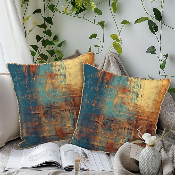 Vintage Abstract Teal Orange Velvet Pillow Covers 18x18 InchMessy Blue Rust Throw Pillows for Couch Cushion Covers Pillowcase Retro Colorful Art Pillow Cases for Sofa Bed Living Room