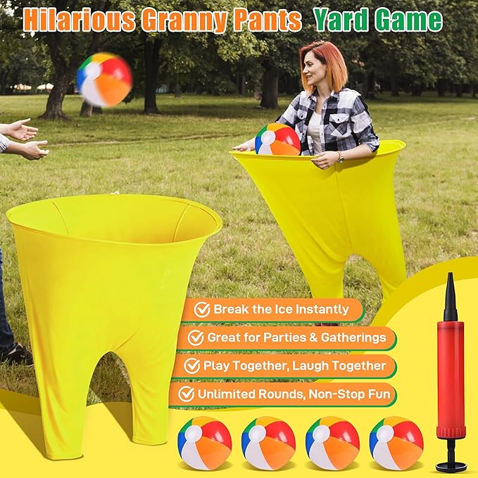 Granny Pants Outdoor Game Set, 4 Giant Pants with 16 Bouncy Balls & 4 Pumps, Funny Yard Toss Relay Game for Teens & Adults, Outdoor Party Game for BBQ, Picnic, Family Reunion & Team Building