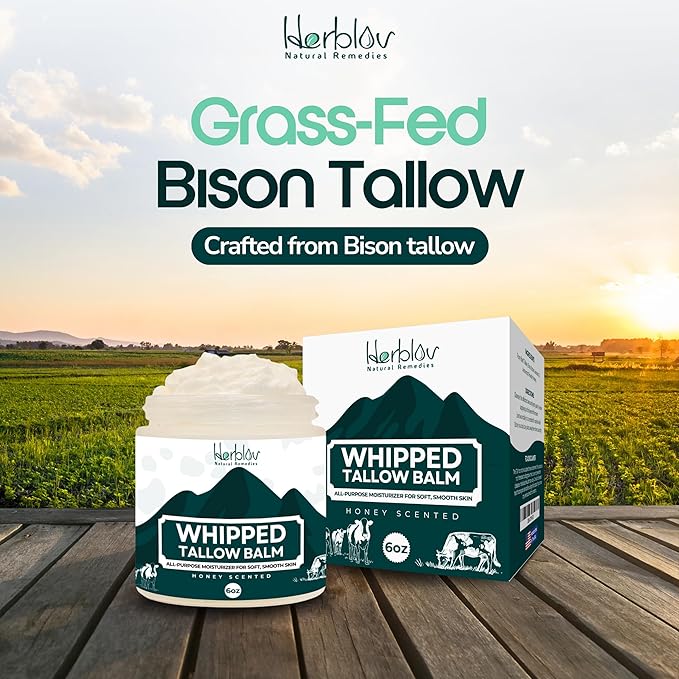 Beef Tallow Balm – Natural Grass Fed Whipped Tallow and Honey All Purpose Balm – Moisturizing Face and Body Lotion for Eczema, Cracked, Dry, Itchy, Irritated Skin – Skin Repair Skincare Made in USA