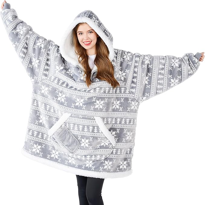Giggling Getup Wearable Blanket Hoodie for Adults Gifts for Teen Girls Sister Women Sherpa Fleece Printed Hooded Blanket Sweatshirt Warm Cozy with Pocket & Sleeves Grey Snowflake