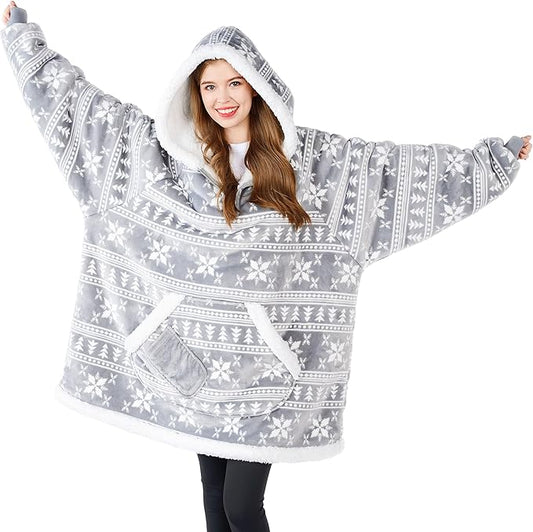 Giggling Getup Wearable Blanket Hoodie for Adults Gifts for Teen Girls Sister Women Sherpa Fleece Printed Hooded Blanket Sweatshirt Warm Cozy with Pocket & Sleeves Grey Snowflake