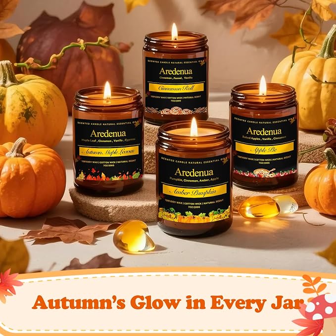 Fall Candle Set – 4 Pack Autumn Seasonal Candle Gift - Scent of Autumn Leaves & Apple Pie,Cinnamon,Pumpkin, 28oz Soy Candles for Home Scente, Christmas Cozy Winter Gifting