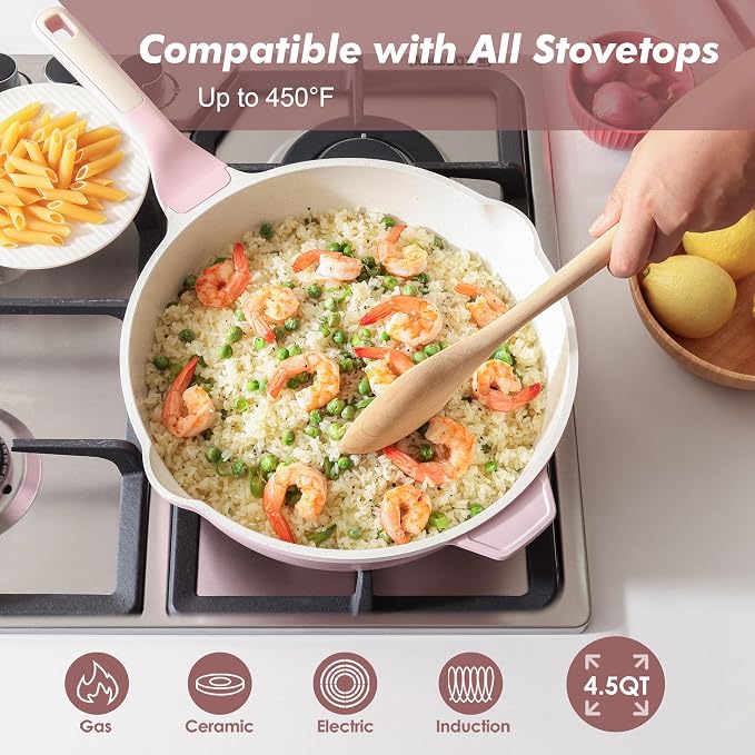SENSARTE Nonstick Ceramic Skillet with Lid 11-inch, 4.5QT Non Toxic Deep Frying Pan, Saute Pan with Lid, Stay-cool Handle, Healthy Cooking Pot, Induction Compatible, Pink