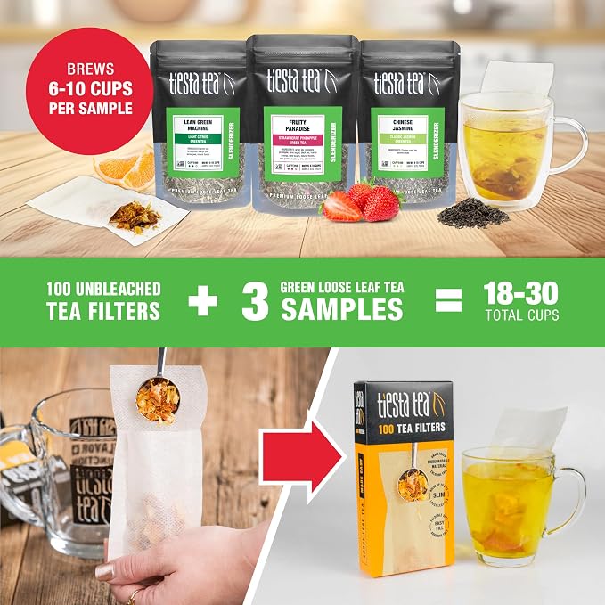 Tiesta Tea - Green Tea Starter Kit, Loose Leaf, Premium Green Blend Gift Set, Medium Caffeinated, Make Hot or Iced, Includes 3 Loose Leaf Samplers & 100 Disposable Filters