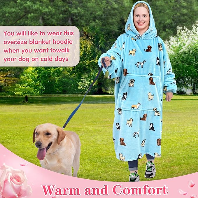 Waitu Wearable Blanket Sweatshirt Gifts for Women and Men, Warm and Cozy Giant Blanket Hoodie, Thick Flannel Blanket with Sleeves and Giant Pocket - Light Blue