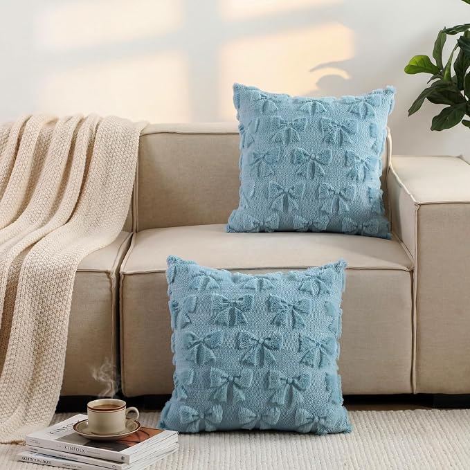 Mixweer Blue Bow Pillow Covers Set of 2 Preppy Room Decor Coquette Cute Spring Summer Decorative Faux Fur Soft Bowknot Stuff Fluffy Plush Aesthetic Pillowcase for Bed Sofa Couch (20 x 20 Inch)