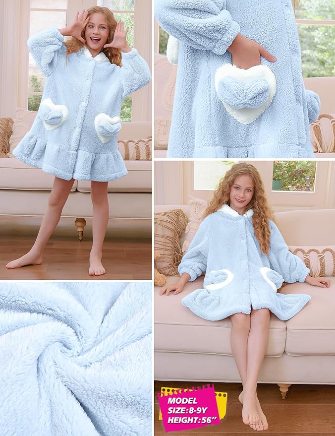 Girls Bathrobes Coral Fleece Button Down Hooded Robes Cute Rabbit Ears Bath Robe Fuzzy Warm Soft Sleepwear