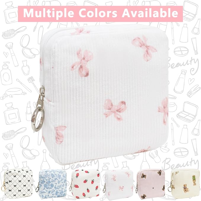 Period Bag for Girls, Corduroy Period Kit with Sanitary Pad Pouch, Menstrual Storage Bag and Tampon Holder for Purse, Girls School Essentials,Feminine Care Organizer(Pink Bow)