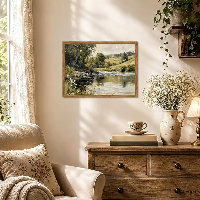 Framed Vintage Landscape Wall Art, Country Nature River Pictures Wall Decor, Rustic Field Paintings Canvas Prints Farmhouse Home Decor Aesthetic for Living Room Bedroom Bathroom 12x16 inch